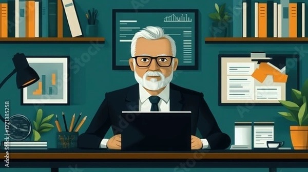 Obraz Professional businessman working on laptop in modern office setting