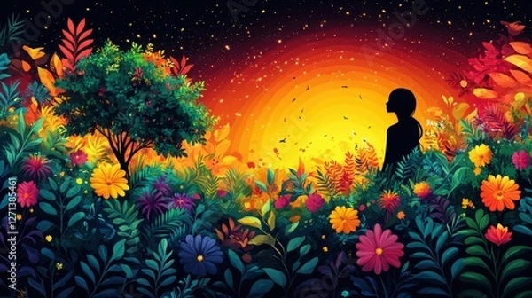 Obraz Person Silhouetted Against Vibrant Sunset Surrounded by Colorful Flowers