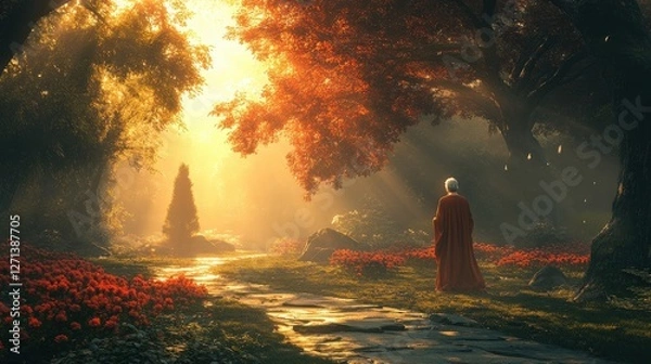 Obraz Serene Autumn Pathway with Figure in Reflective Meditation