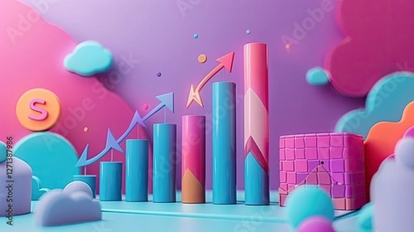 Fototapeta Abstract cityscape with colorful arrows and growth symbols in a modern business design