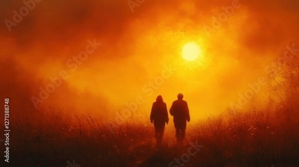 Obraz Serene Walk at Sunset with Warm Orange Sky and Silhouetted Figures