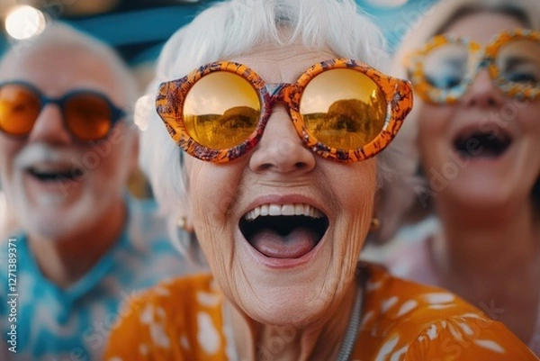 Obraz A group of happy seniors wearing sunglasses and enjoying a sunny day together on the beach. They are smiling, laughing, and sharing a fun moment as they travel.