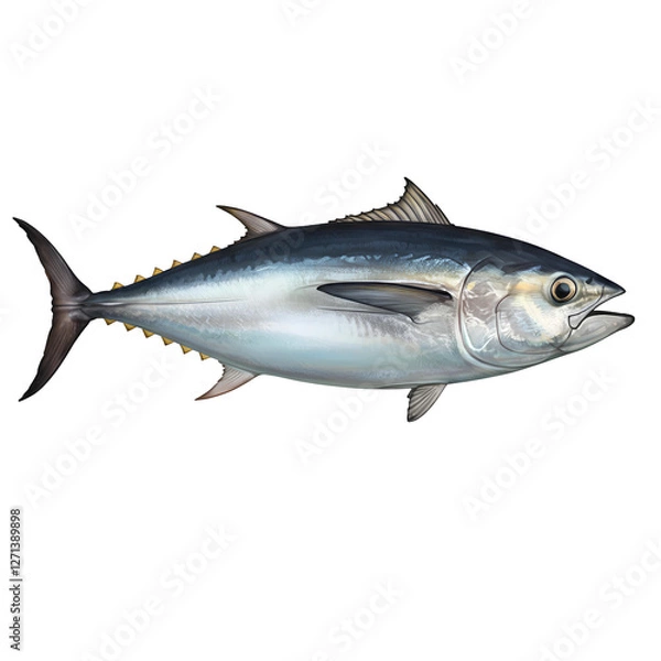 Fototapeta A realistic illustration of a tuna fish with a streamlined body, metallic blue back, and silver belly.