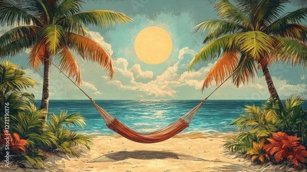 Obraz Tranquil Beach Scene with Hammock Under Tropical Palm Trees