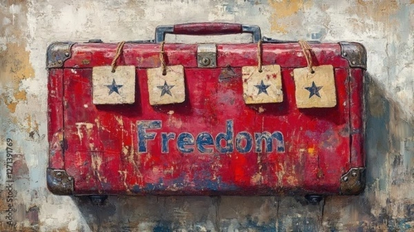 Fototapeta Vintage Red Toolbox with Freedom Theme and Rustic Background
