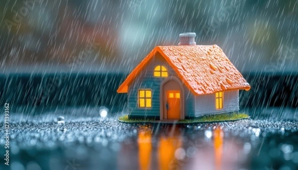 Fototapeta Miniature House Model with Bright Roof in the Rain on Glossy Surface