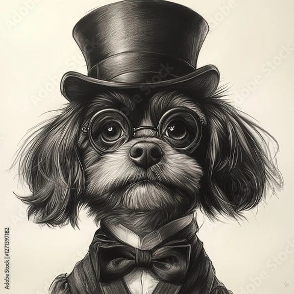 Obraz Cute Old School Style Shi Tzu Dog in a dapper hat, sepia, gangster vibe, peaky blinders