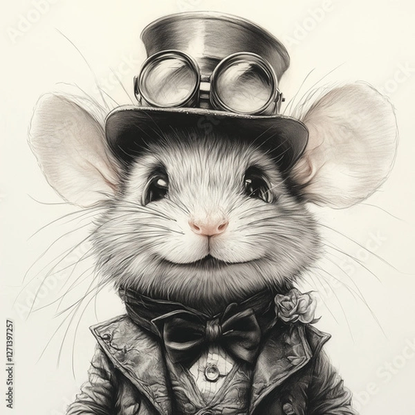Obraz Cute Old School Style happy young Mouse in a dapper hat, sepia, gangster vibe, peaky blinders