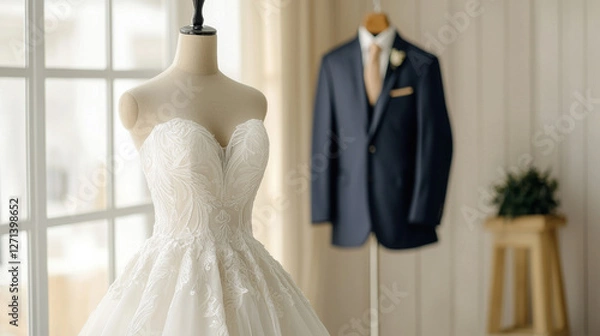 Fototapeta Elegant bridal gown displayed on mannequin with suit in background, Elegant Wedding Day Scenes in a Hotel Room or Bridal Suite.