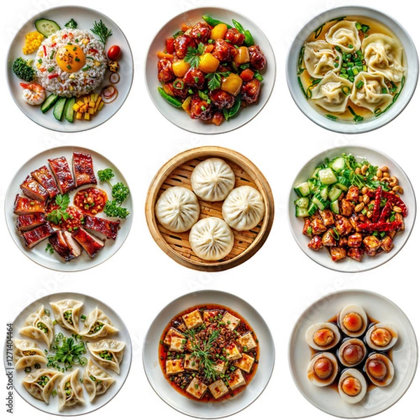 Fototapeta Set of Chinese dishes on transparent background. Chinese cuisine and tradition food concept. Top view for set, collection, icon, menu, design 