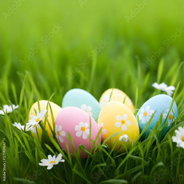 Fototapeta Colorful pastel Easter eggs with floral patterns in green grass spring festive decoration holiday tradition cheerful background