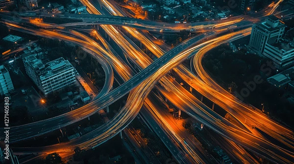 Fototapeta Aerial View of Dynamic Urban Highway Interchange at Night