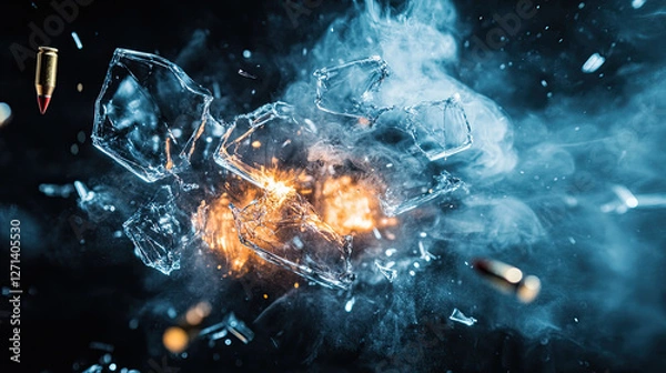 Fototapeta Explosive Impact with Shattered Glass and Flying Bullets in Dark Scene