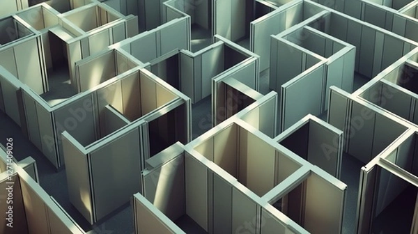 Fototapeta Explore the intricate maze of office cubicles symbolizing confusion and lost direction in workplace environments. Generative AI