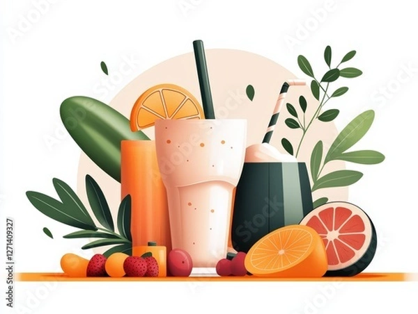 Obraz A vibrant arrangement of fresh fruit drinks with greenery, showcasing refreshing flavors and colorful ingredients.