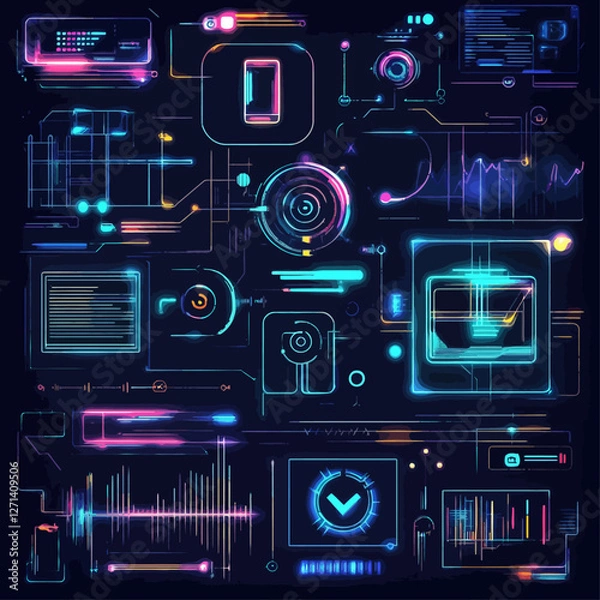 Fototapeta Futuristic Technology Interface with Glowing Neon UI Elements on Dark Background