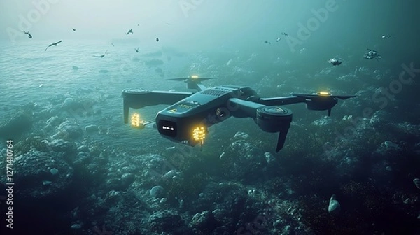 Fototapeta Futuristic Underwater Drone Exploring Ocean Depths Advanced Technology Submersible Drone Exploring Deep Sea Aquatic Life Research Exploration 3D      