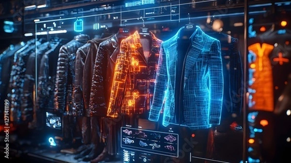 Fototapeta Futuristic holographic wardrobe interface displaying a variety of dynamic and customizable outfit combinations for a digital fashion experience