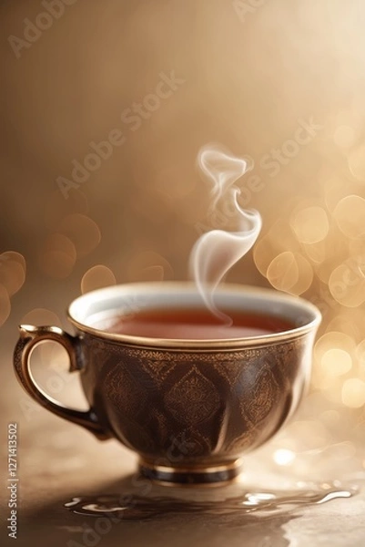 Obraz Warm cup of tea exuding steam in a softly lit environment with golden bokeh and a cozy atmosphere