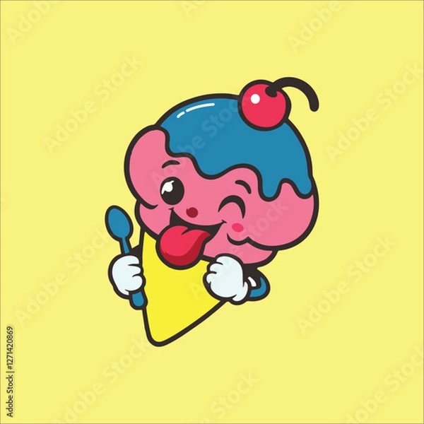 Fototapeta Happy ice cream cone mascot with sprinkles and cherry on top, cheerful face licking itself, vibrant pastel colors, cartoonish and delightful style, perfect for a dessert shop or ice cream brand logo.