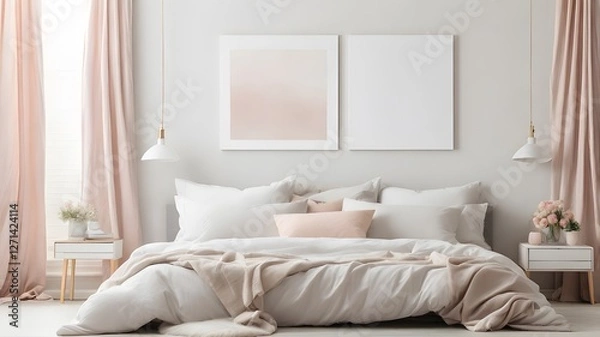 Fototapeta   Blank white canvas art mockup displayed above a light grey bed with fluffy pillows, soft white bedding, and pastel wall background