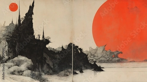 Obraz Crimson sun dramatically lights stark black mountain landscape. AI Generated