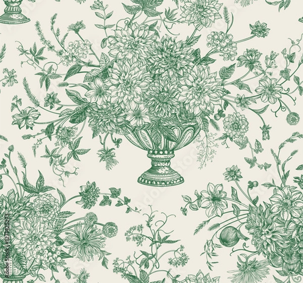 Fototapeta Seamless pattern with vases in toile aesthetics. Floral arrangements with flowers, berries, cereals, herbs, apples. Vintage festive background. Green.
