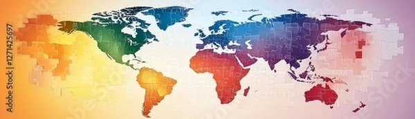 Fototapeta Stunning world map formed from colorful puzzle pieces, showcasing every continent in unique and vibrant colors, artistic innovation