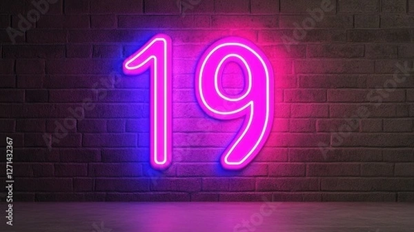 Obraz Vibrant neon number 19 glowing against dark brick wall