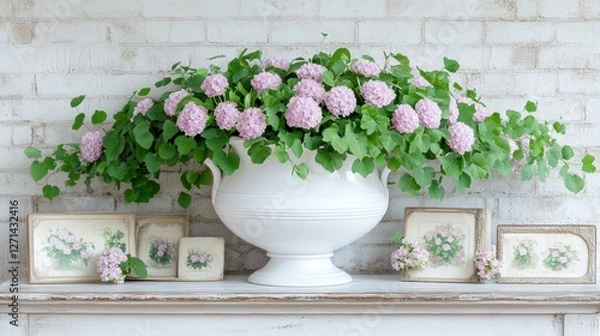 Fototapeta Elegant floral arrangement with pink hydrangeas in white vase on rustic shelf