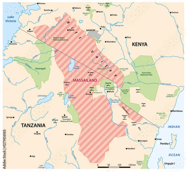 Obraz Maasai tribal area map, Kenya, Tanzania