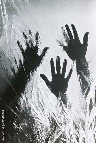 Obraz Silhouettes of hands pressed against frosted glass or plastic creating dramatic black and white abstract composition. Generative AI