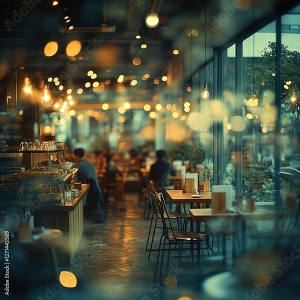 Fototapeta Cozy cafe, city night, diners, bokeh, relaxed atmosphere