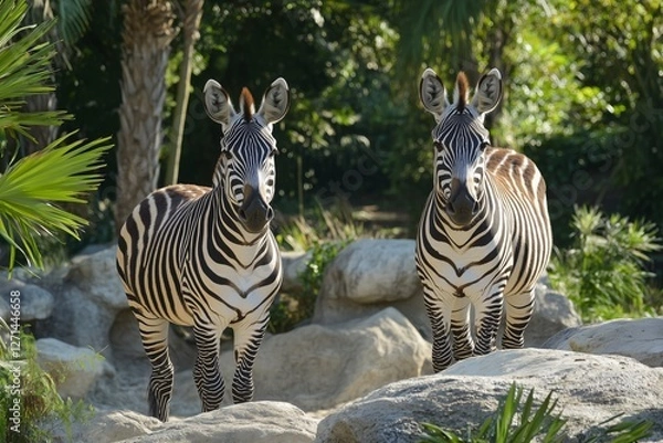 Fototapeta Two zebras standing near water on a sunny day in a natural habitat setting