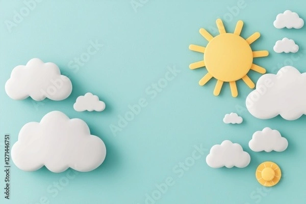 Fototapeta World Meteorological Day flat design banner concept. Colorful clouds and sun on a textured blue background