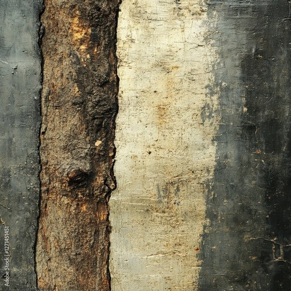 Fototapeta Diptych abstract of textured tree bark and weathered construction form with lichen-like splotches