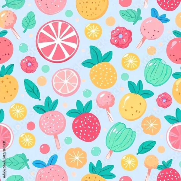 Fototapeta Sweet Summer Fruit Delight: A Vibrant Pattern of Candy and Citrus