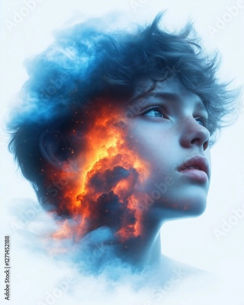 Fototapeta A young boy gazes up, his profile blending with vibrant flames and clouds, embodying creativity and wonder
