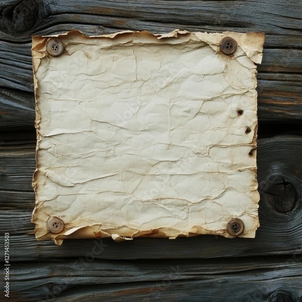 Obraz Blank aged paper sheet pinned with buttons on a rustic wooden surface