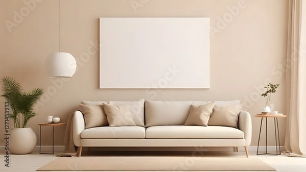 Fototapeta Blank white modern canvas art mockup against a soft beige living room wall, minimalist furniture, and a light brown sofa background 