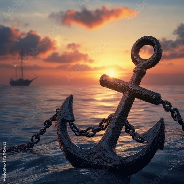 Obraz Rusty anchor with chain in ocean water at sunset with sailboat silhouette in distance.