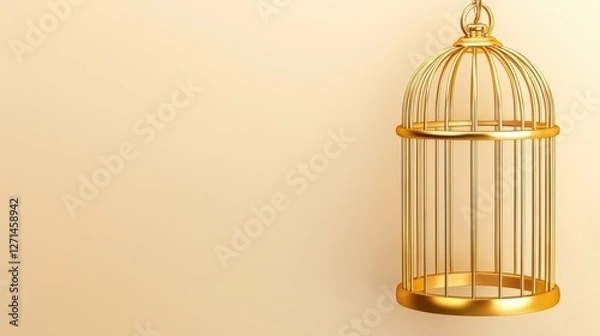 Obraz Elegant golden birdcage on minimalist beige background