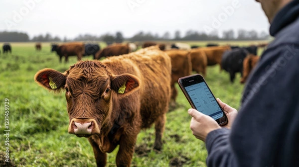 Fototapeta Farmers using technology for livestock management in field with cows. scene captures integration of digital tools in agriculture, showcasing cow and farmer checking data on smartphone