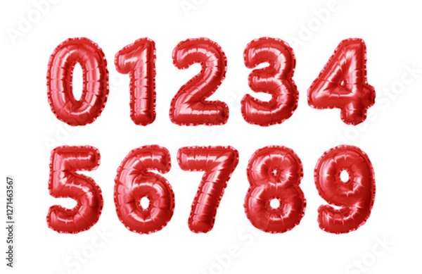 Fototapeta Set of Red Metallic Number Balloons Displayed Sequentially from Zero to Nine on White Background
