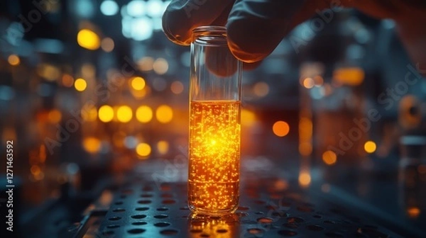 Fototapeta Gloved hand holding a test tube with glowing liquid in a lab.