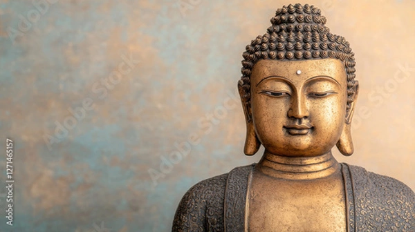 Fototapeta serene golden Buddha statue with intricate details and calm expression, Gold Price Surge and Investment Concept.