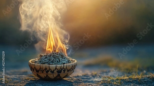 Fototapeta Burning sage bundle in dim light for energy cleansing and spiritual rituals, ideal for meditation blogs, websites, and wellness use