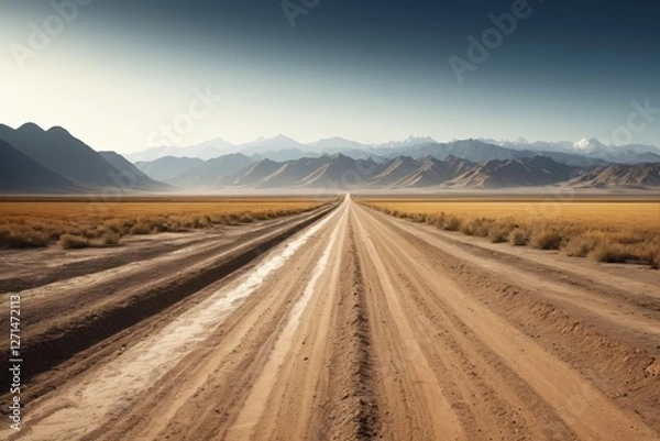 Fototapeta dirt road in the middle of a desert with mountains in the background