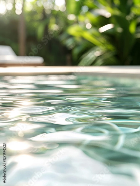 Fototapeta Serene tropical poolside retreat with sunlit reflections and lush greenery