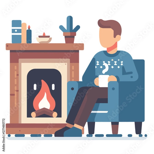Fototapeta Cozy Winter Scene by Fireplace with Warm Sweater and Hot Drink - Flat Illustration